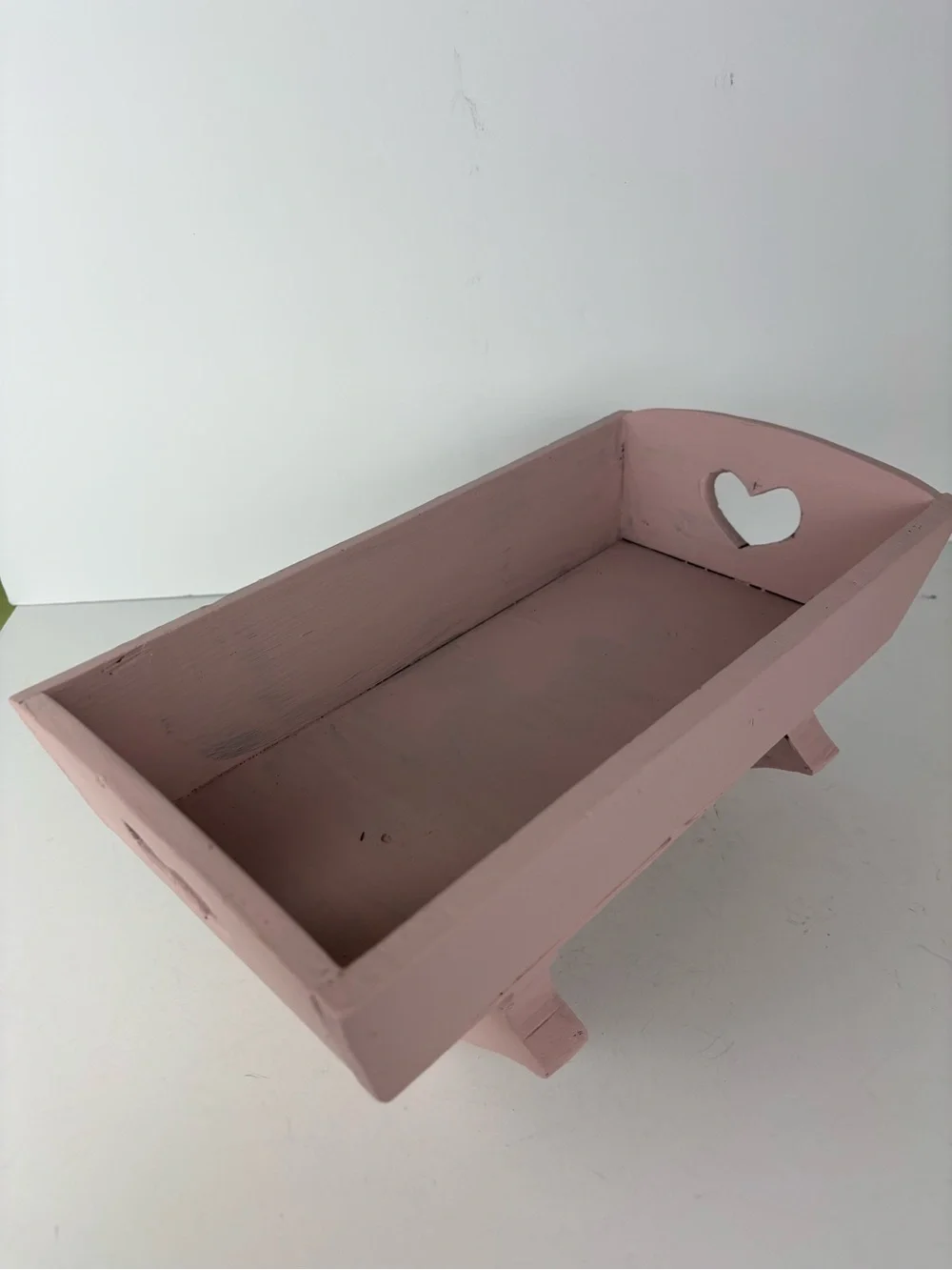 Small Wooden Doll Cradle-Pink Rose Color-Heart Cutout-Vintage